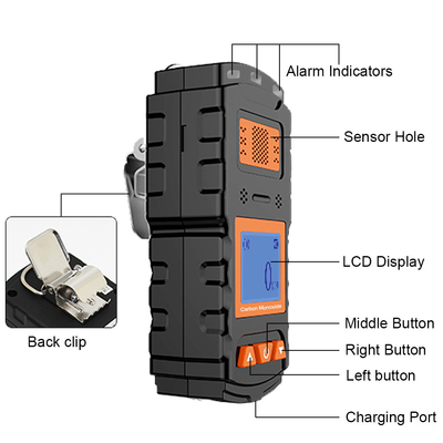 Detector de alarma de monóxido de carbono portátil continuo con registrador de alarmas de 1000 ppm