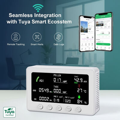 Un buen precio. Con certificación CE FCC OEM ODM Smart Tuya 10 en 1 Detector de IAQ PM1.0/PM2.5/CO2/CO/TVOC/POLLEN/AQI Monitor con RS485 en línea